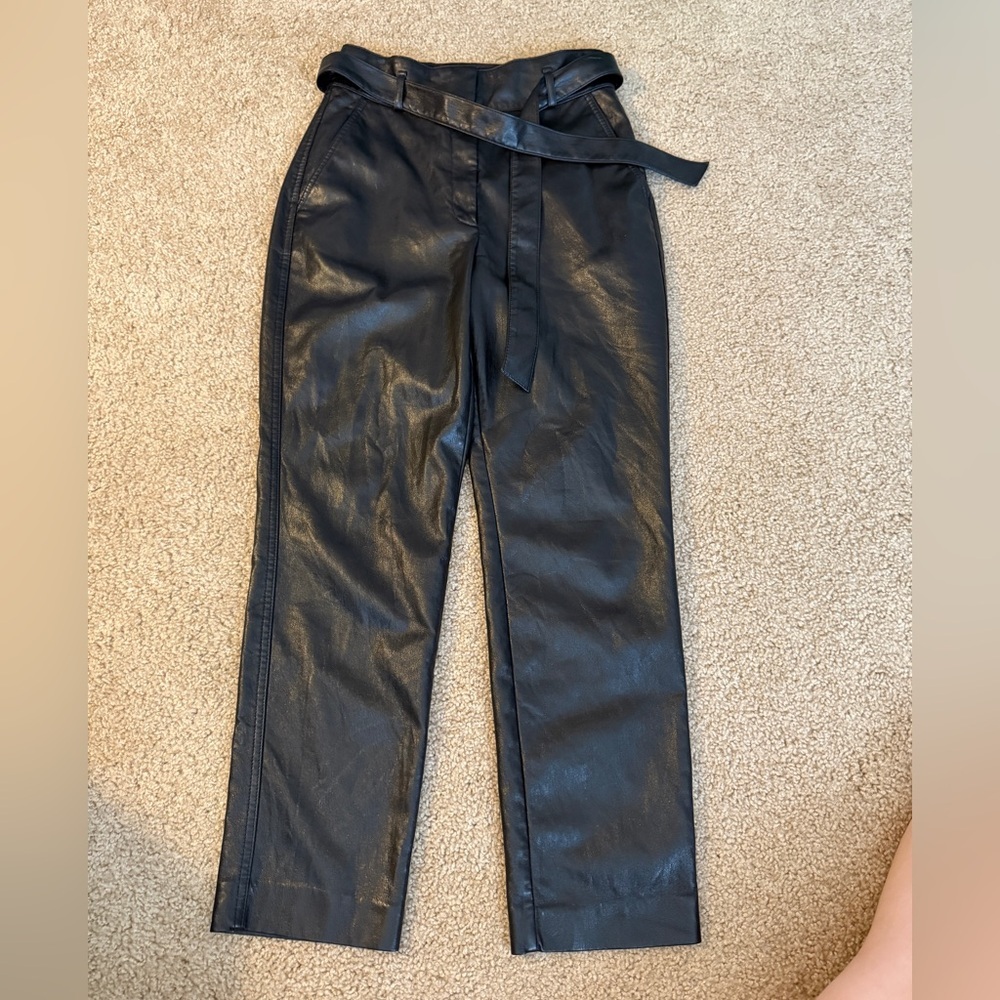 Babaton Black Faux Leather Straight-Leg Trousers with Tie Belt